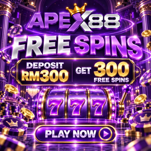 APEX88 promotion artwork: Free Spins: deposit RM300, get 300 free spins. Play now