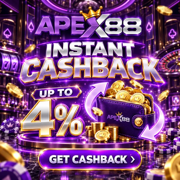 APEX88 promotion artwork: Instant Cashback up to 4%. Get cashback