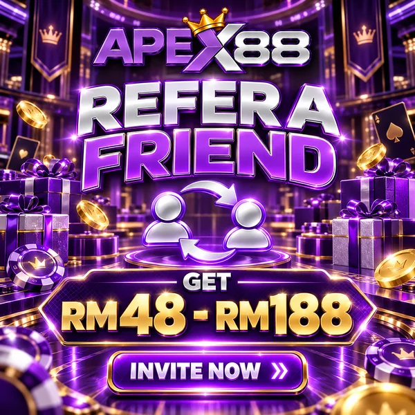 APEX88 promotion artwork: Refer a Friend: get RM48 to RM188. Invite now